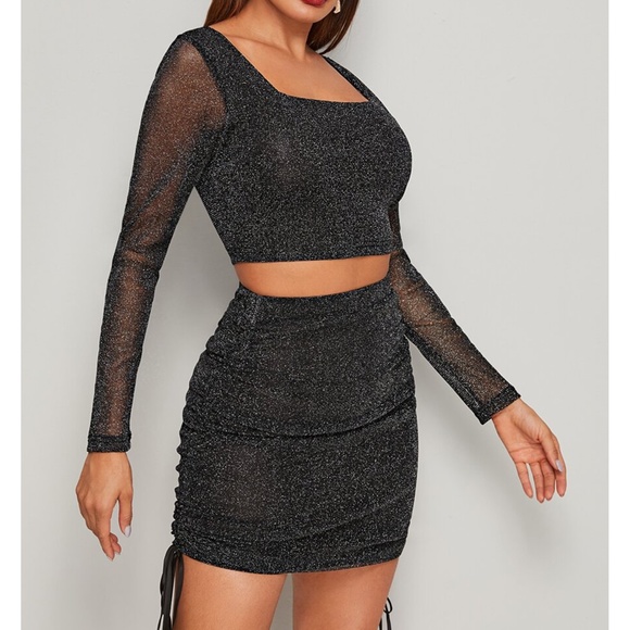 Black Silver Glitter Mesh Side Ruched 2 Piece Set - Picture 5 of 6